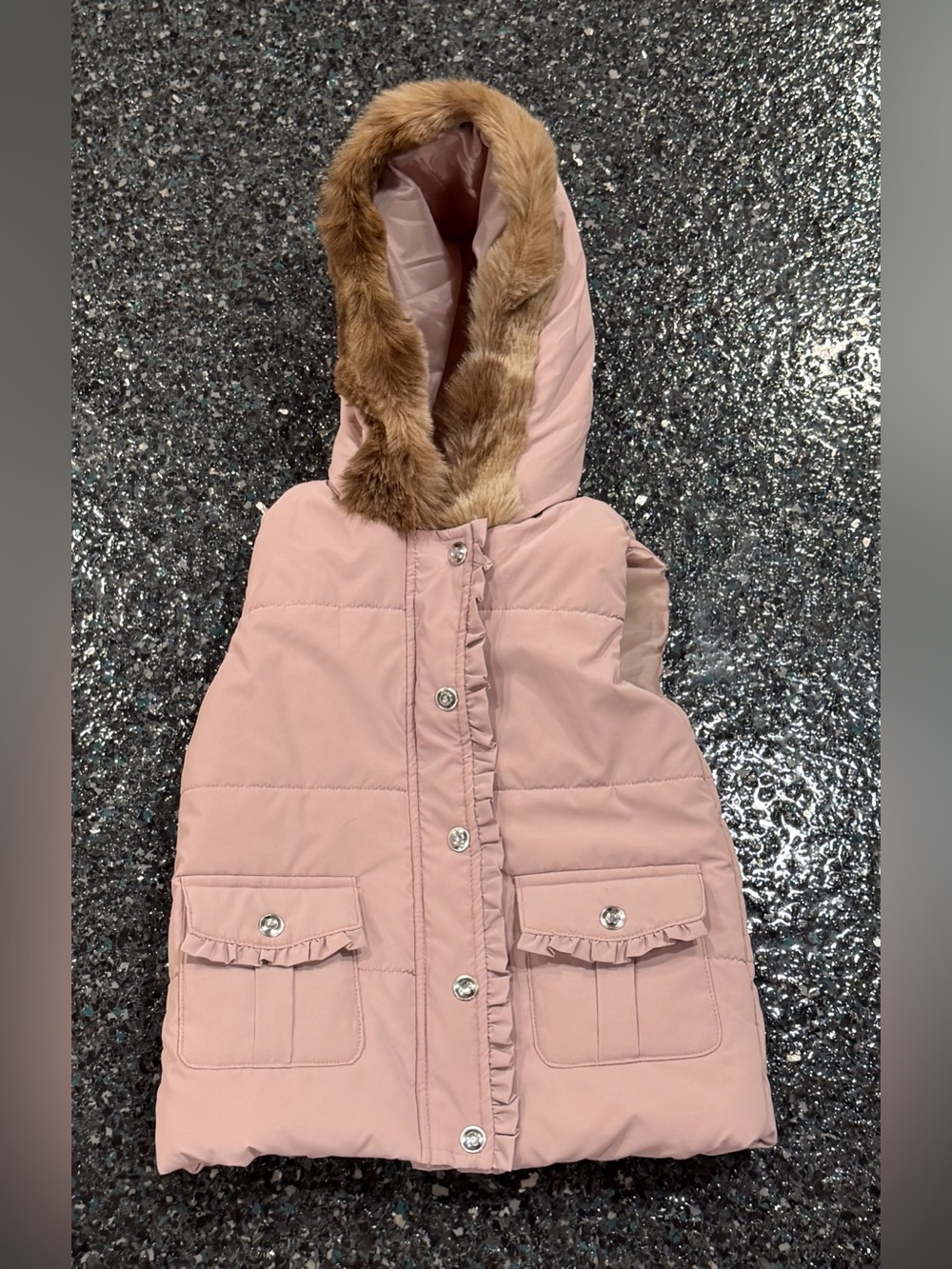 Nanette Girls Pink Hooded Puffer Vest Faux Fur Trim Pockets Snap Size 5